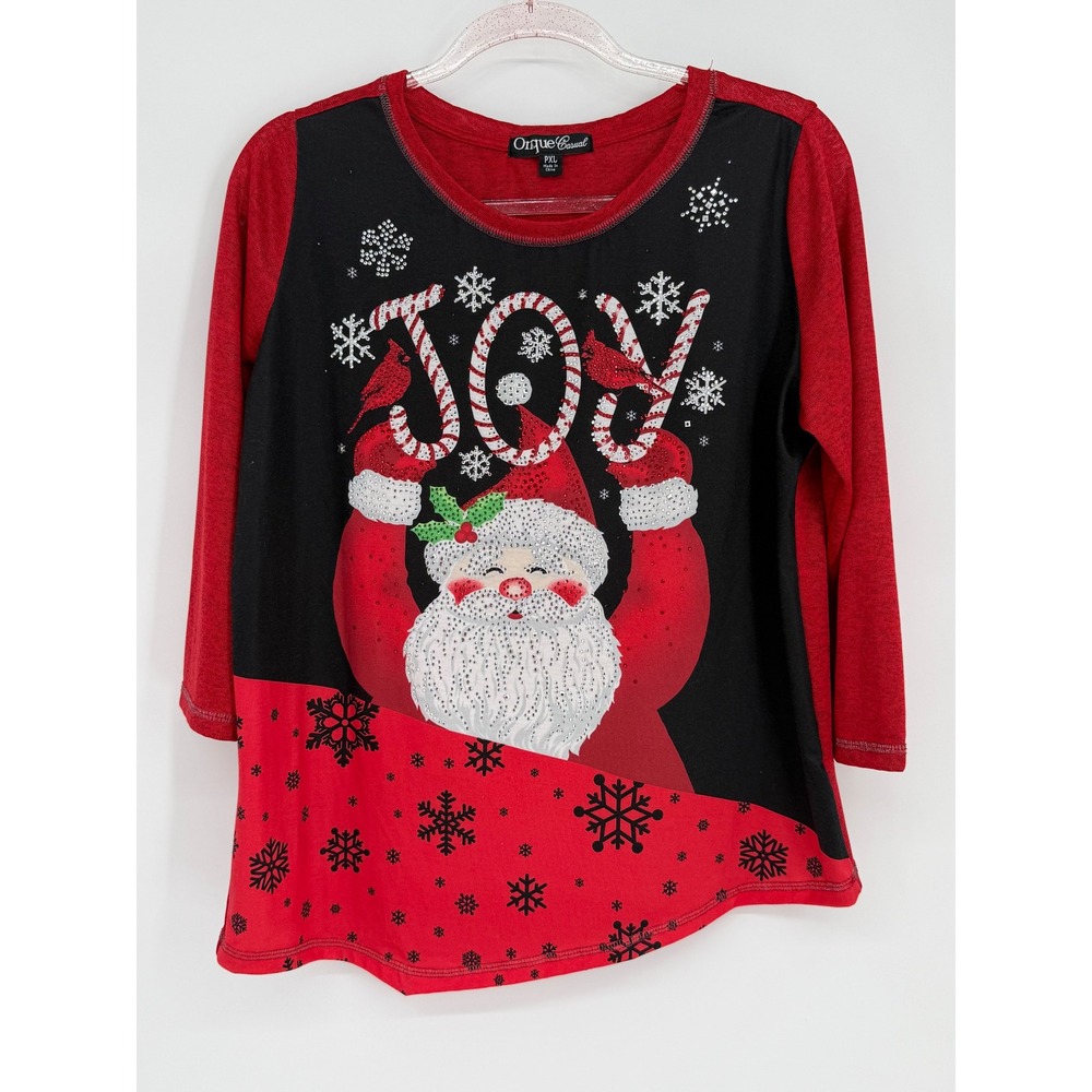 Onque Casual Womens Christmas Santa Joy Rhinestone 3/4 Sleeve Top Red‎ S PXL